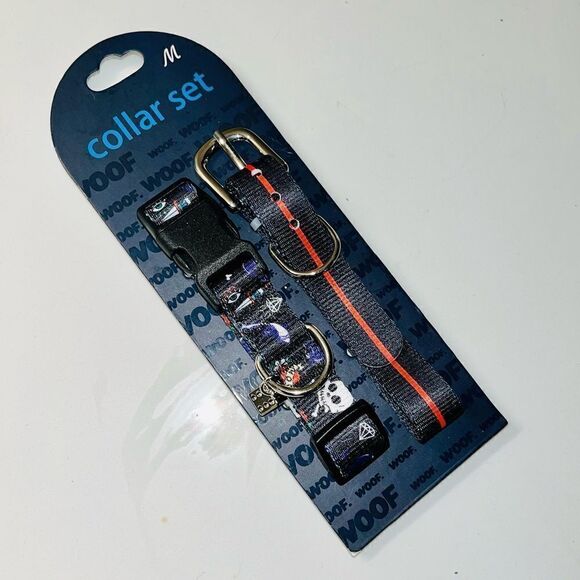 WOOF Dog Collar Set of 2 Skulls Dice Daggers Hearts Size Medium - Picture 2 of 9
